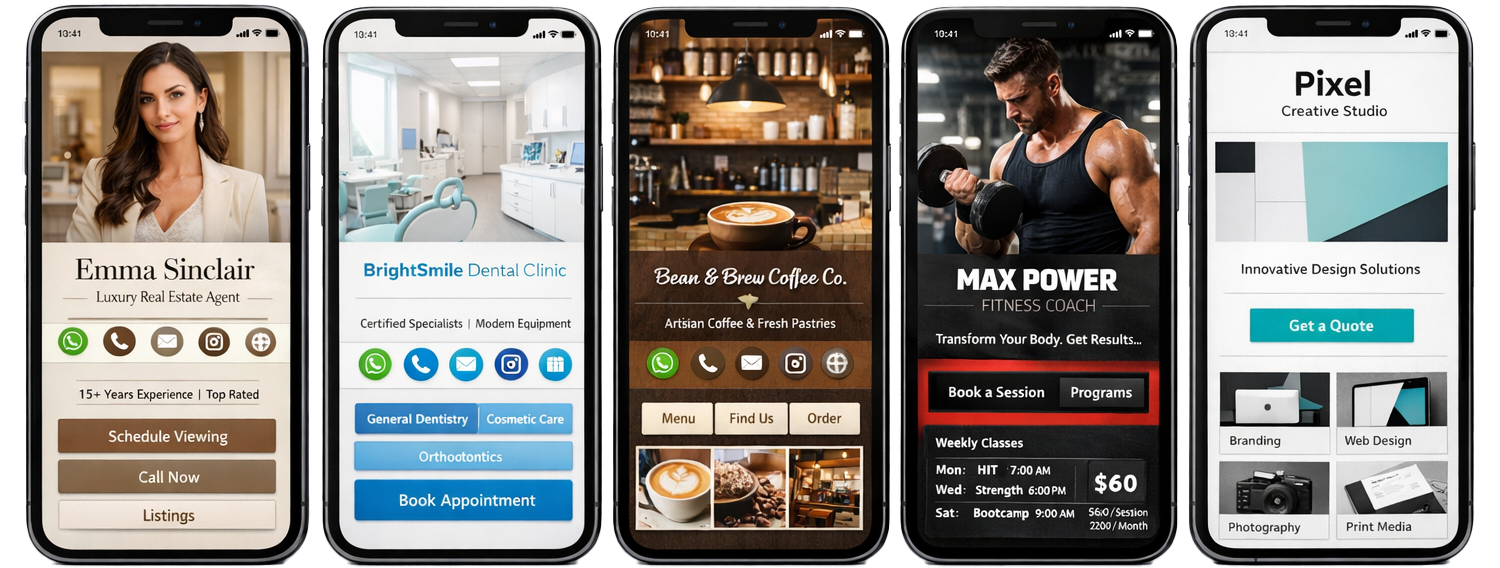 כרטיס ביקור דיגיטלי – מיני־אתר חכם עם כפתורי יצירת קשר ושיתוף בוואטסאפ ובמייל